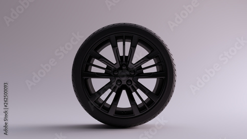 Black Alloy Rim Wheel with a 5 Spoke Intricate Flared Open Wheel Designe with Racing Tyre 3d illustration 3d render
