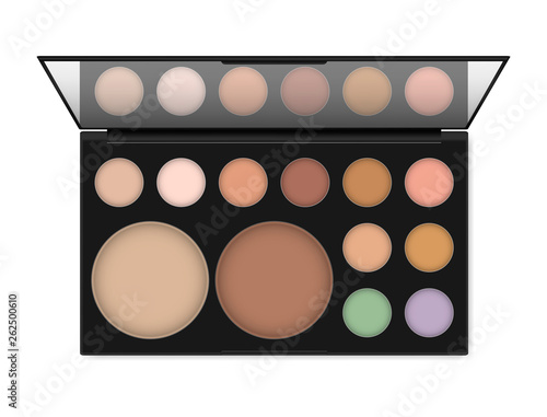Professional make-up palette isolated on white background, realistic illustration. Eyeshadow or concealer, powder kit. Open makeup case with mirror, vector template