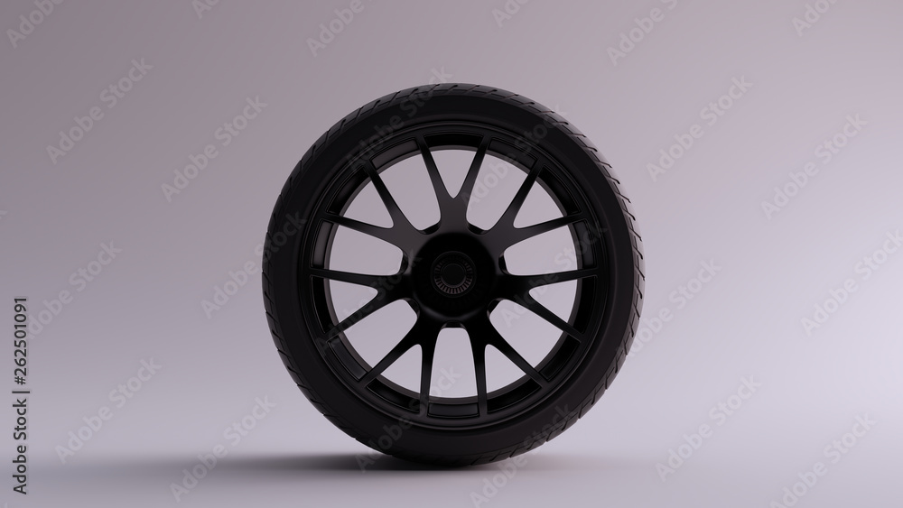 Obraz premium Black Alloy Rim Wheel with a Complex Multi Spokes Open Wheel Design with Racing Tyre 3d illustration 3d render