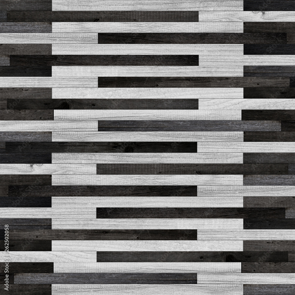 Wood panel with geometric pattern for wall decoration. Black and white oak parquet. Wooden boards texture. Wooden planks for flooring.