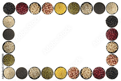 Mix nuts in black bowl Frame on white background ,soy bean,green beans,red bean,black bean,peeled mung bean,peanut,barley,black sesame,pivot seeds
