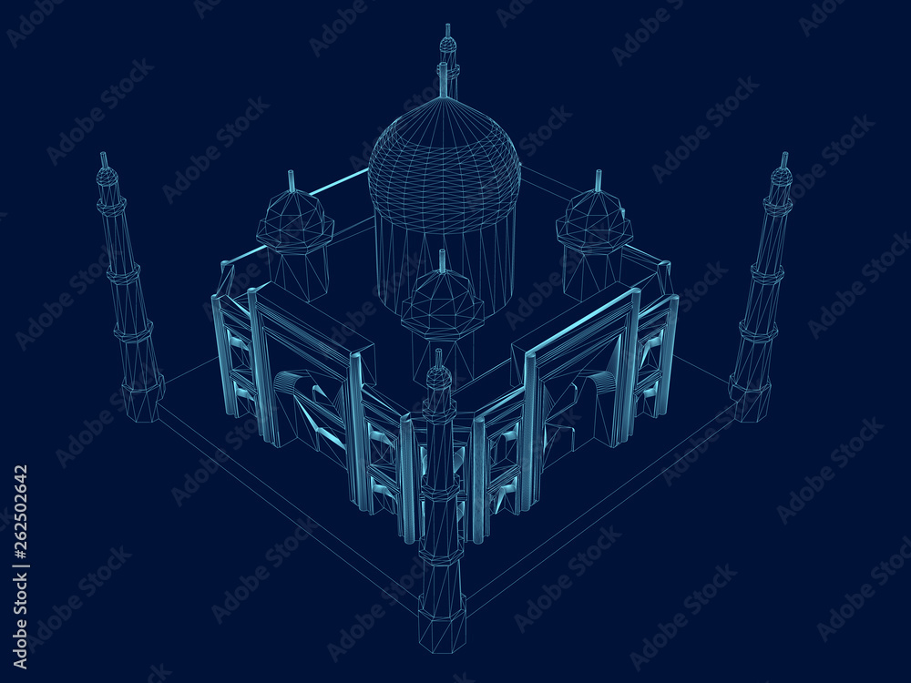 Polygonal Taj Mahal wireframe. Isometric view. An ancient building of blue lines on a dark background. Vector illustration