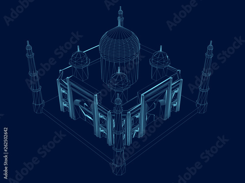 Polygonal Taj Mahal wireframe. Isometric view. An ancient building of blue lines on a dark background. Vector illustration