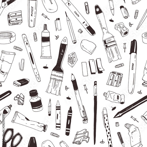 Monochrome seamless pattern with school supplies, stationery, writing tools, art utensils hand drawn with black contour lines on white background. Realistic vector illustration for textile print.