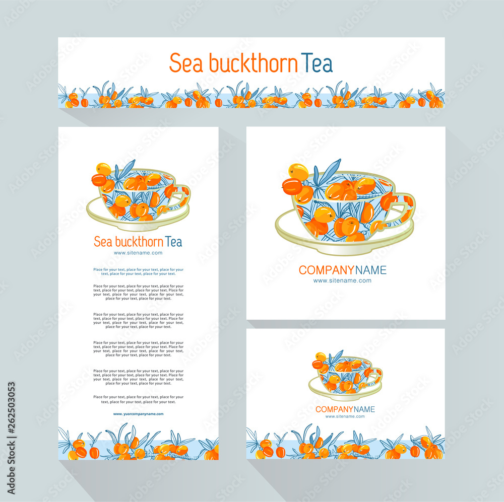 Template for brand mint tea company, factory of tea, shop, bar. Tea Branding with Cup of tea with Sea buckthorn. Design element for business card, banner, template, brochure template.