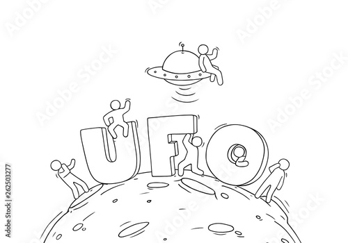 Sketch of little people with word UFO