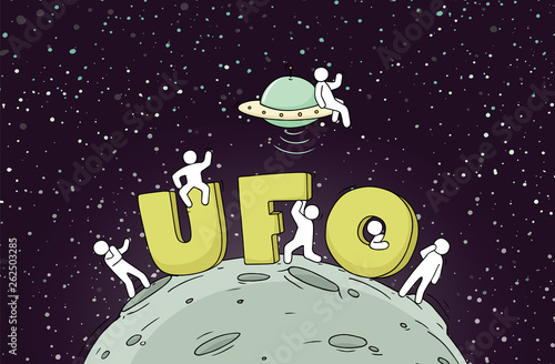 Sketch of little people with word UFO.