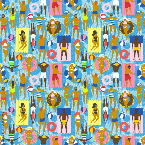 Seamless pattern with swimming people on inflatable mattresses, donuts, rings. Flat vector illustration. Summer vacation at sea, sunbathing girls and boys.