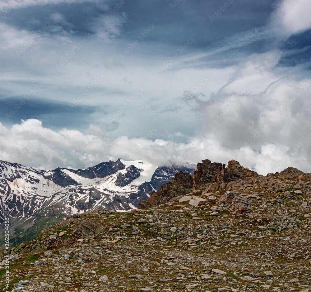 Panoramic view of the glaciers and mountains in the Gran Paradiso park, in Italy.