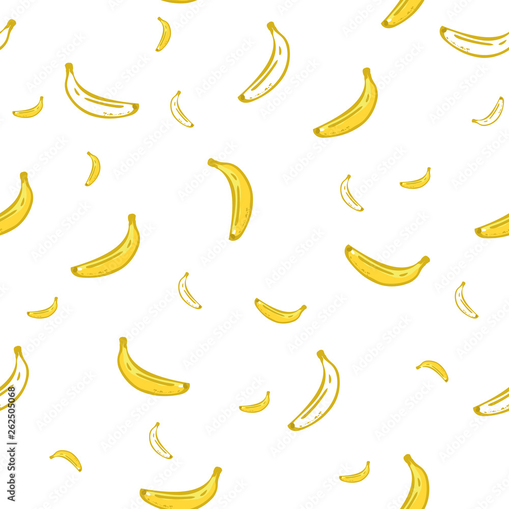 Banana seamless pattern. Wrapping paper, gift card, poster, banner design. Home decor, modern textile print. Vector illustration. hand drawing. white background Banana seamless pattern. Wrapping paper, gift card, poster, banner design. Home decor, modern textile print. Vector illustration. hand drawing. white background