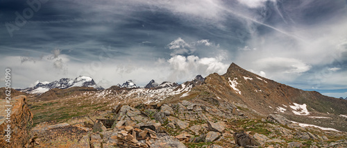 Panoramic view of the Violetta peak in the background the glacier and the peaks of the Gran Paradiso, in Italy.