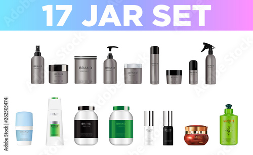 Set vector blank templates empty and clean multicolor plastic and glass containers:  bottles with spray, dispenser and dropper, cream jar, tube.  Realistic mockup of cosmetic package. #8.