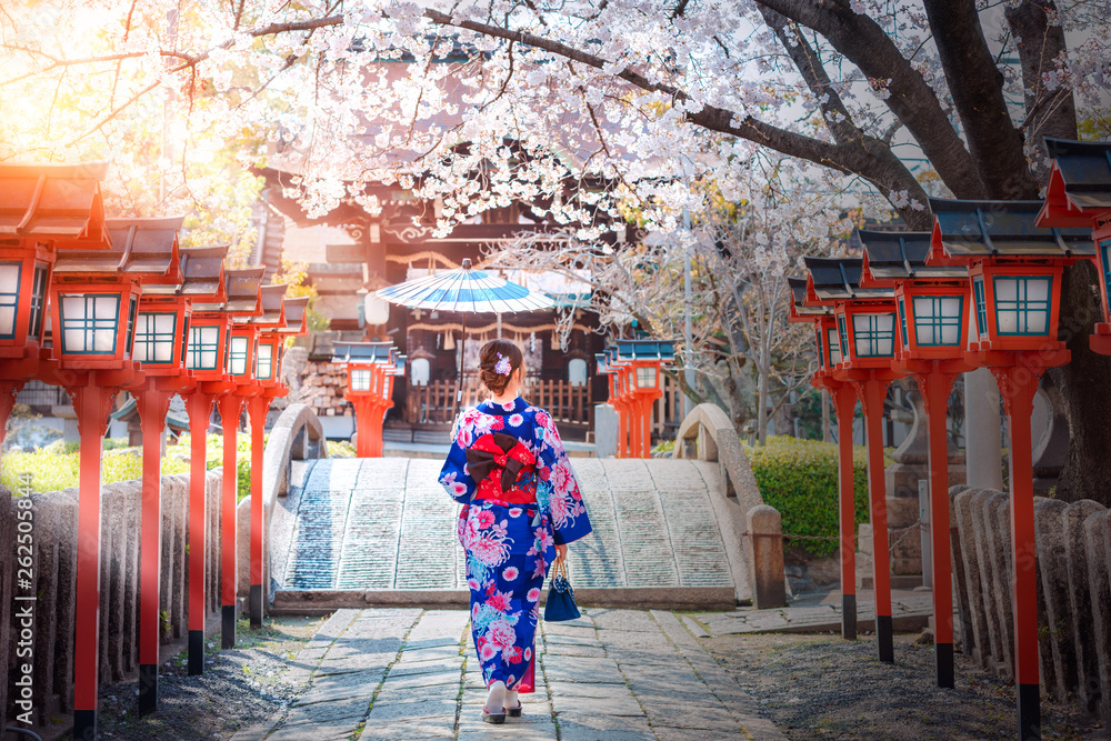 Back view of asia woman with kimono and Japanese umbrella against sakura flower background.
