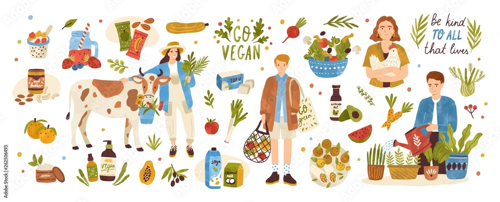 Collection of organic eco vegan products - natural cosmetics, vegetables, fruits, berries, tofu, nut butter, soy and coconut milk. Urban gardening and farming set. Flat cartoon vector illustration.