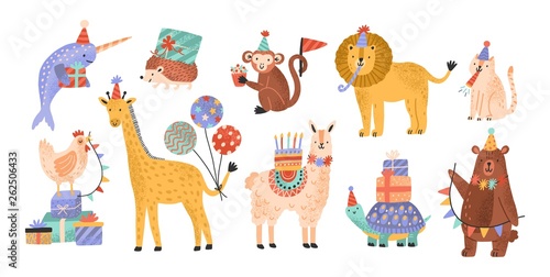 Collection of cute adorable wild animals celebrating birthday at party. Bundle of funny amusing cartoon characters in cone hats holding cake, gifts, balloons. Flat childish vector illustration.