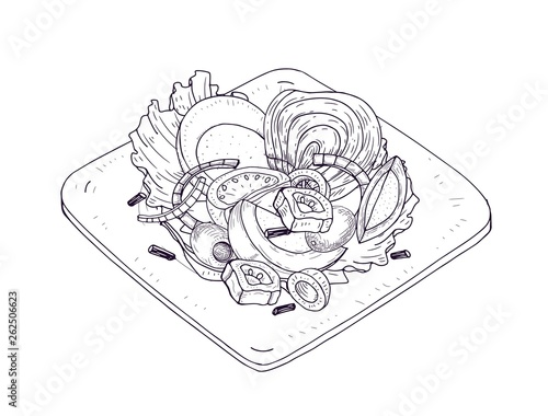Appetizing salad with vegetables and fish on plate hand drawn with contour li...