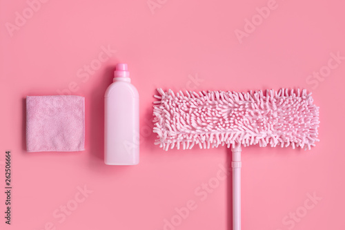 Cleaning kit in the house pink on a pink background.