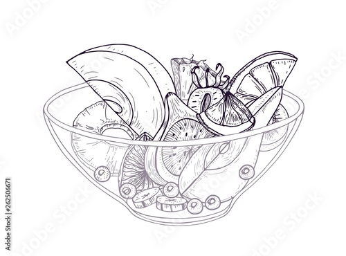 Fruit salad in bowl hand drawn with black contour lines on white background. Delicious meal made of fresh chopped oranges, pineapples, pears, bananas and berries. Realistic vector illustration.