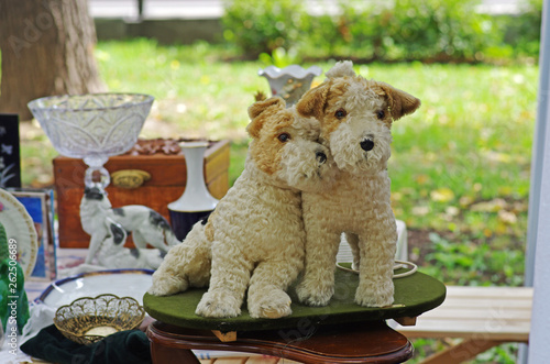 Vintage toys of foxterriers at a flea market