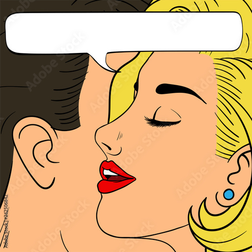Woman whispering to man in ear. Pop Art vintage vector illustration