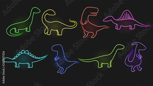 Neon dinosaur silhouettes. A collection of glowing signs on a dark background. Vector illustration