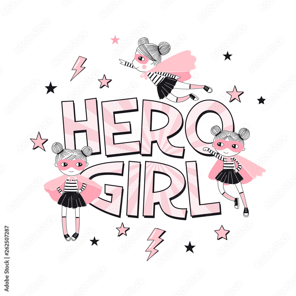 Fototapeta premium Hero Girl typhographic print with little cartoon supergirl characters. Girlish Pink Super Hero themed vector doodle graphics. Perfect for little girl design like t-shirt textile fabric print birtday