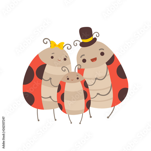 Ladybug Family  Cheerful Mother  Father and Their Baby Standing Together  Cute Cartoon Insects Characters Vector Illustration