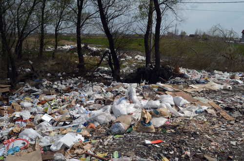 Spring landscape.Ecology of Ukraine. Nature near Ukrainian capital. Environmental contamination. Illegal junk dump. Near Kiev,Ukraine