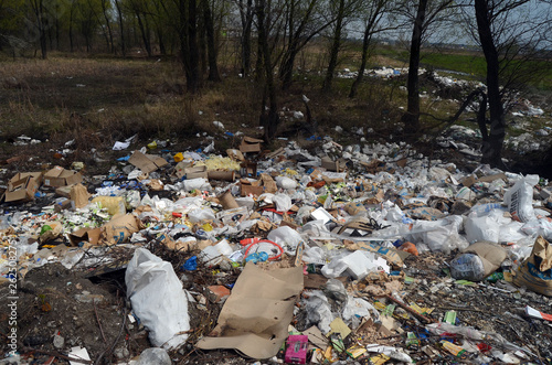 Spring landscape.Ecology of Ukraine. Nature near Ukrainian capital. Environmental contamination. Illegal junk dump. Near Kiev Ukraine