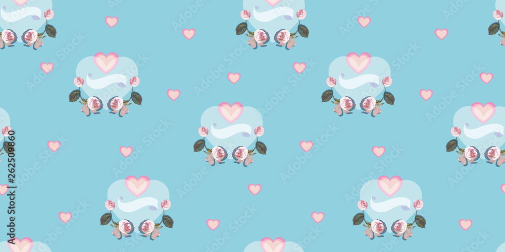 Fototapeta premium Blue pattern with dove, heart and rose.