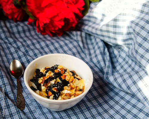 Morning breakfast Greek style. cheese and prunes