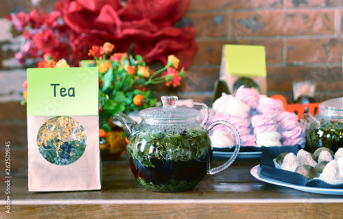 Brewed tea in a teakettle for morning breakfast