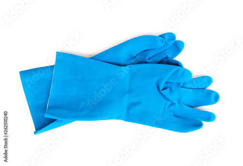 blue rubber gloves for cleaning on white background, workhouse concept photo