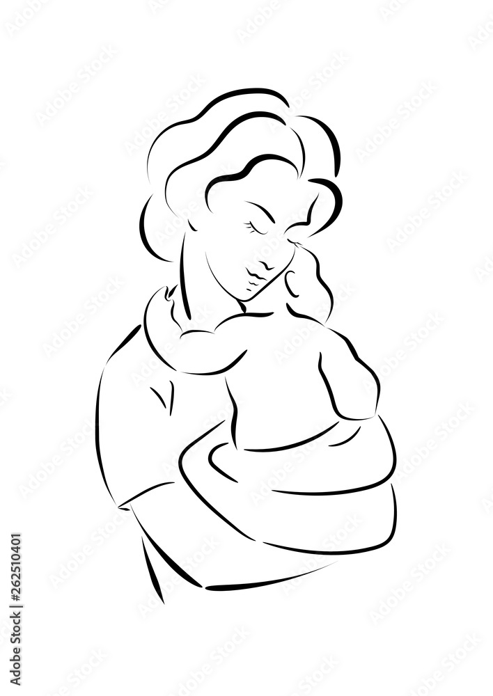 Linear sketch of a woman with a child. Linear sketch of a woman with a child.