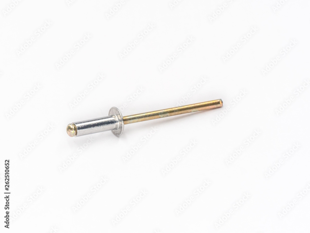 Aluminum flat pop rivet with zinc plated mandrel on white. Aluminum flat pop rivet with zinc plated mandrel on white.