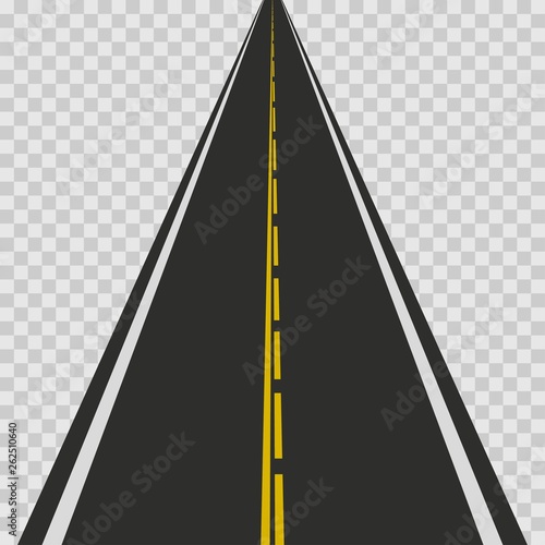 Street road with solid and dotted yellow line on transparent background. Speedway. Highway. Way for transport. Dark asphalt. Template design for educational web sites, info graphic.