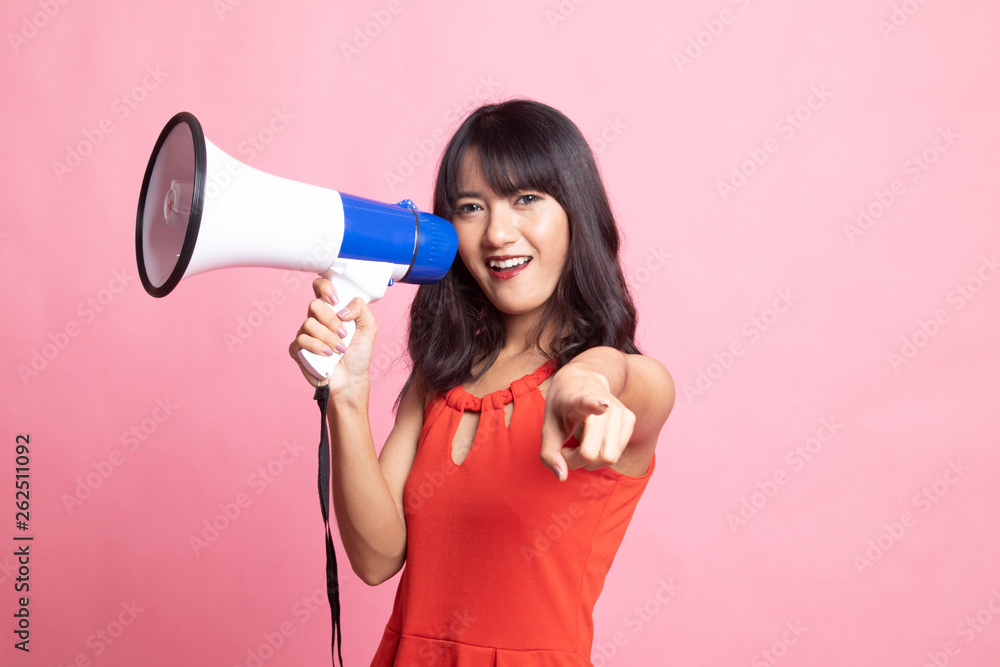Beautiful young Asian woman announce with megaphone. Beautiful young Asian woman announce with megaphone.