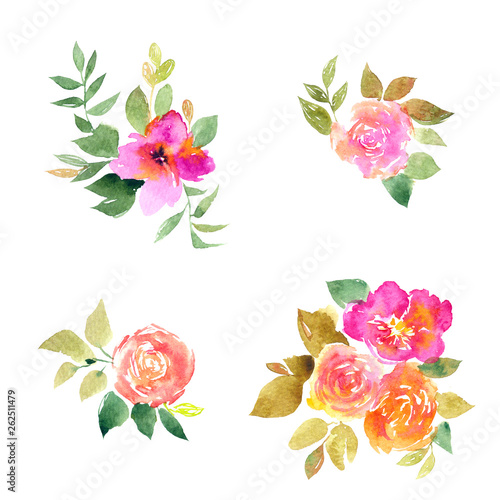Fototapeta Naklejka Na Ścianę i Meble -  Pink roses. Watercolor flowers set for greeting card decor. Drawing roses. Wedding invitation floral design.