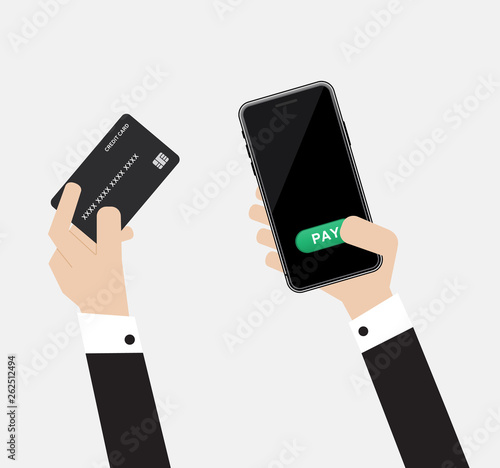 payment gateway technolog with mobile or smartphone online black display and green pay button mock up on white background