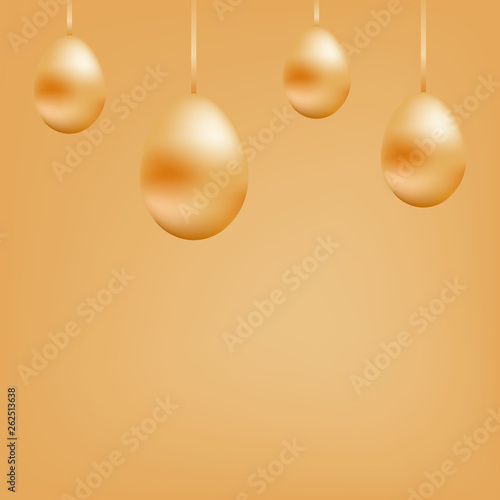 Bright banner of golned hanging eggs on the tape.Copy space.Vector illustration.