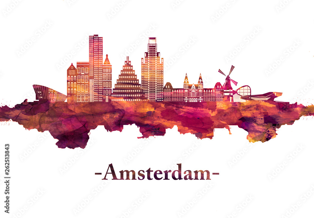 Amsterdam Netherlands Skyline in Red