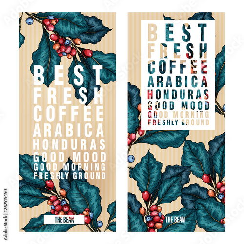 Coffee set. Hand drawn coffee branch. Vector colored engraved icon. Packaging design in retro style. Label template, brand identity, coffee sop, restaurant or cafe menu. Trendy barista branding.