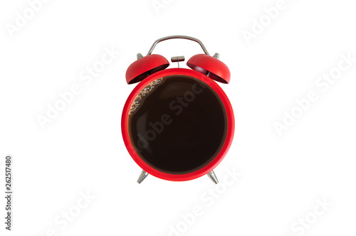 Twin bell red alarm clock with coffee cup on the white screen