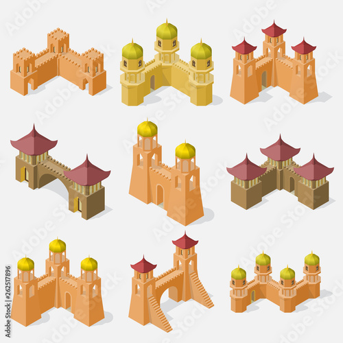 Set of fortress buildings elements in isometric view.
