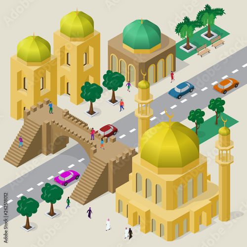 Isometric cityscape of buildings, pedestrian bridge, mosque, roadway, cars and people.