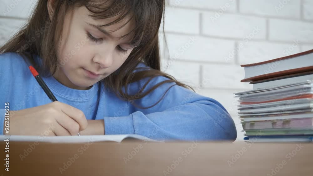Schoolgirl doing homework. Cute little girl writes in a notebook at the desk. Schoolgirl doing homework. Cute little girl writes in a notebook at the desk.