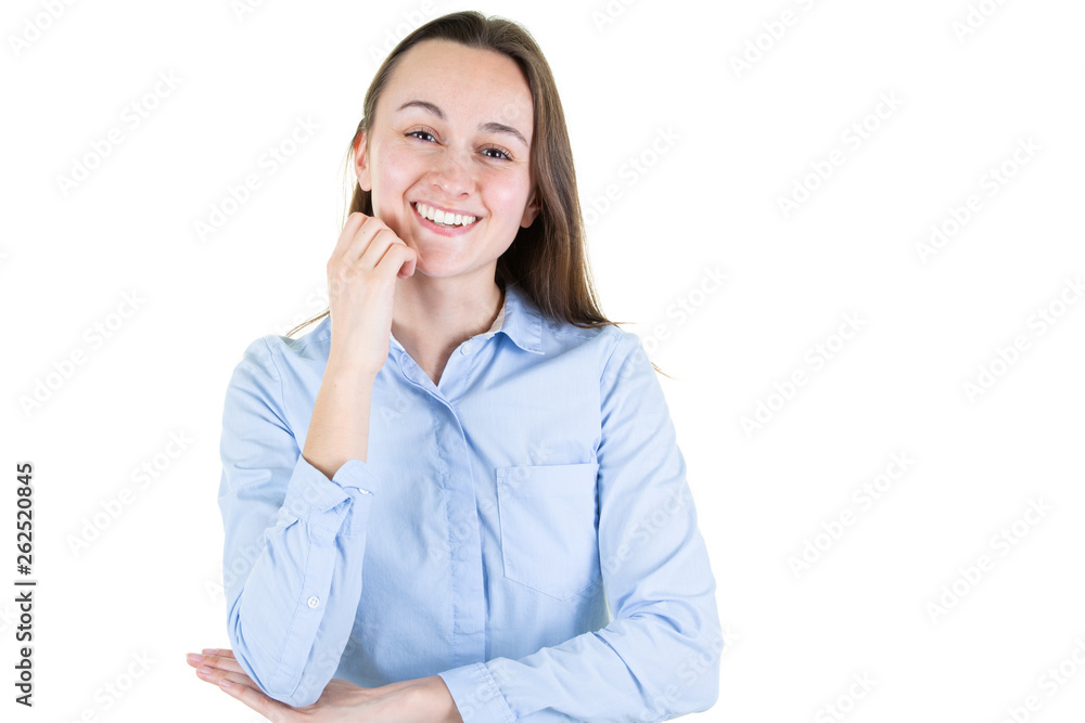 Portrait of happy smiling young business beautiful woman, isolated over white background Looking at camera wth free space for text Portrait of happy smiling young business beautiful woman, isolated over white background Looking at camera wth free space for text