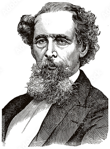 Charles Dickens Black portrait in line art illustration
