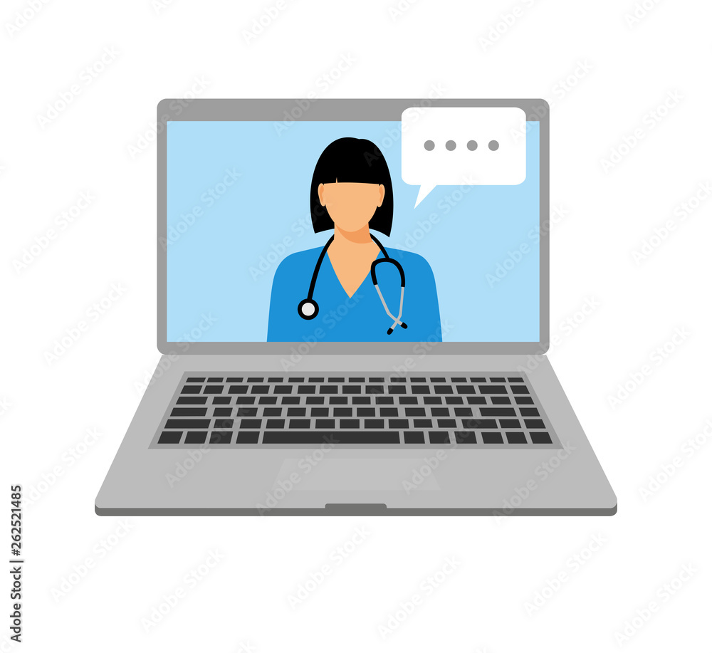 woman doctor with stethoscope on the screen, concept of online diagnostics, illustration in flat style. online medical application. notebook with medical assistant and doctor consultation. woman doctor with stethoscope on the screen, concept of online diagnostics, illustration in flat style. online medical application. notebook with medical assistant and doctor consultation.