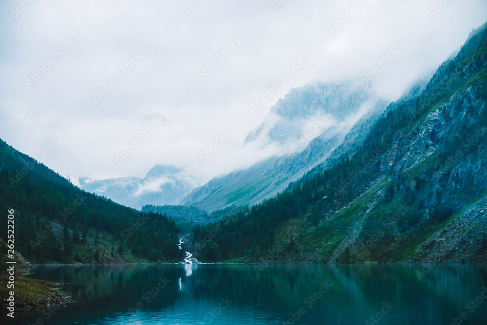Ghostly forest near mountain lake in early morning. Mountain creek flows into lake. Ripple on smooth water surface. Low clouds. Dark calm atmospheric misty woodland landscape. Tranquil atmosphere.
